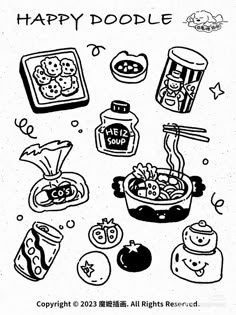 an image of happy doodles with food and drinks on the table in black and white