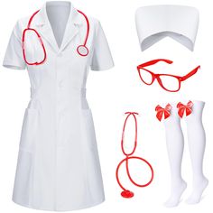 PRICES MAY VARY. Package includes:white short sleeve nurse outfit doctor costume lab coat costume *1,nurse hat *1,glasses *1,stethoscope prop *1, red bow socks *1 pair,5-piece set. Material:Halloween women nurse uniform doctor costume labe coat role play costume outfit made of polyester,comfortable and breathable. The waist of this nurse lab coat outfit is adjustable with nurse accessories,it's the perfect costume for dress up halloween rolepay party. Perfcet for:nurse costume theme party,nurse Lab Coat Outfit, Lab Coat Costume, Costume Theme Party, Nurse Halloween Costume, Nurse Dress, Nurse Outfit, Doctor Coat, Bow Socks, Nurse Accessories