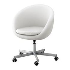 an office chair with wheels and a white leather upholstered seat, viewed from the front