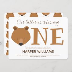 a little bear themed birthday party card with the words one on it's front