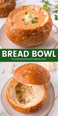 bread bowl pin collage Dutch Oven Bread Bowls, Easy Bread Bowls, Bread Bowls Recipe, French Bread Bowl Recipe, Soups For Bread Bowls, How To Make A Bread Bowl, Sourdough Soup Bowl Recipe, How To Make Bread Bowls, Soup For Bread Bowls