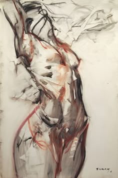 an abstract painting with red and black lines on the bottom half of it, depicting a woman's torso