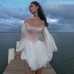 Sonicelife Summer new style small fragrance elegant slim satin waist wooden ear long sleeve dress female party dress club clothing Party Dress Club, White Ball Gown, White Ball Gowns, Pink Party Dresses, Summer White, Long Puff Sleeves, White Summer, Club Outfits, Women's Summer Fashion