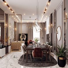 an elegant dining room with marble floors and walls