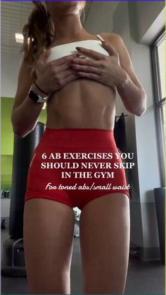 a woman in red panties holding a white object with the words ab exercises you should never skip