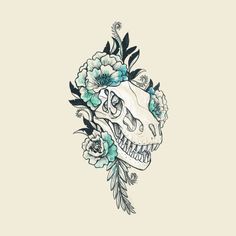 a drawing of a skull with flowers on it