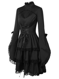 The Basic Witch Dress – Goth Mall Vampire Outfits, Black Dress Elegant, Witchy Dress, Steampunk Dress, High Neck Collar, Lace Edges, Cute Dresses For Party, Sleeves With Lace, Witch Dress