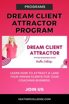 a woman in pink shirt with the words dream client program on it and an image of a