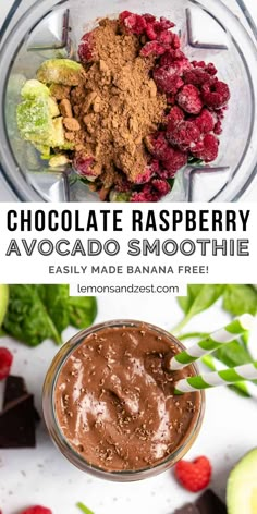 chocolate raspberry avocado smoothie in a blender with the text overlay