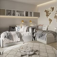 a bedroom with two beds and a world map on the wall