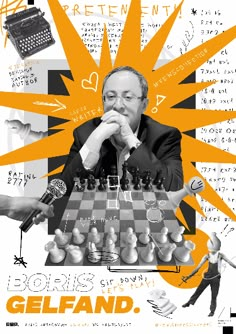 a man sitting at a chess board surrounded by words