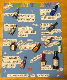 a bulletin board with different types of bottles on it and words written in small speech bubbles