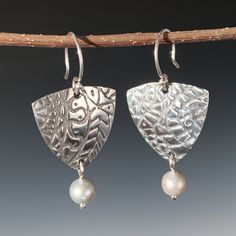 Textured Sterling Earrings with Pearls Snow Earrings, Earrings With Pearls, Gold Jewelry Earrings, Jewelry Tags, Broken China, Silver Dangle Earrings, China Art, Sterling Silver Dangle Earrings, Colorful Leaves