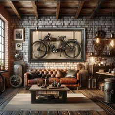 a living room filled with furniture and a bike mounted to the wall