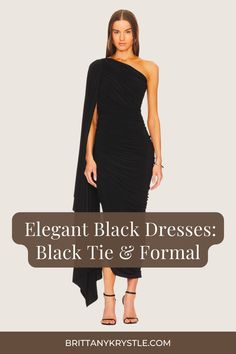 I've curated the 24 most elegant black wedding guest dresses with appropriate options for white tie, black tie, formal, and semi-formal, and cocktail wedding attire from Revolve. Be the best dressed wedding guest with these timeless wedding guest dress ideas that are perfect to wear year round (spring, summer, fall, winter). Includes a variety of stylish gown styles (long, midi, one shoulder, asymmetrical). Black Dress Classy Elegant Long Wedding, Sleek Black Dress For Black-tie Events, Chic Maxi Dress For Black-tie Events, Black Pre-draped Dress For Black-tie Events, Elegant Strapless Dress For Black-tie Events, Black Tie Wedding Guest Dress Winter, Black Maxi Dress For Black-tie Events, Black Formal Dress Long Classy, Black Dress Classy Elegant Long