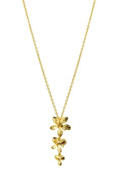 Show off nature-inspired shine with this glossy necklace suspending a triple flower drop pendant finished in 14-karat gold plate. 16" length; 2" extender; 3/4"W x 2"L pendant 14k-gold plate Imported Gold Flower Jewelry Set, Prom Necklaces Gold, Prom Jewelry Ideas Gold, Unique Gold Necklace Designs, Necklaces Prom, Prom Jewelry Gold, Gold Prom Jewelry, Stacked Gold Necklaces, Cute Gold Necklace