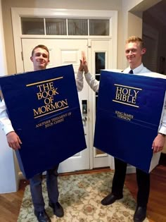 two men holding up large blue costumes with the caption best halloween costume ever why yes they are perfect companions