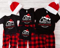 Personalized Most Likely To  Matching Family Christmas Pajamas! Personalized with any phrase you like! See listing photo for examples  ♥ Price includes ONE set (1 pant, 1 shirt) - order as many as you need to dress the whole family, including the dog! ♥ Infant bodysuits, sleepers, and dog bandanas DO NOT include pants. Please READ CAREFULLY Sizes reflect pants sizes I have in stock. These will not restock!! This is all I will have of this print for the 2024 season. If you need a different size shirt than pants please include that in the notes. But order your PANTS SIZE so my inventory stays correct. Thank you!!  ♥ Pants are UNISEX fit - pants run smaller in sizes S-XL. Please review size chart!  ♥ Womens shirts run small - please measure! If you do not like a fitted shirt, please switch to Digital Baby Announcement, Baby Announcement Onesie, Black Onesie, Family Matching Shirts, Christmas Party Shirts, Colors Black And White, Santa Shirt, Santa Shirts, Christmas T Shirts