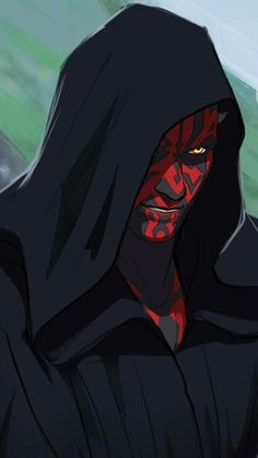 a man in a black hood and red face paint