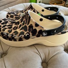 Brand New Women’s Chunky Sole Cheetah Clogs By Crocs Size 9 Casual Platform Clogs With Flat Heel, Casual Platform Clogs, Casual Flat Heel Platform Clogs, Leopard Print Platform Sandals With Round Toe, Cheetah Crocs, Crocs Shoes Women, Becka Mack, Women's Crocs, Crocs Shoes