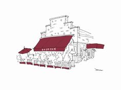 a drawing of an outdoor cafe with red awnings