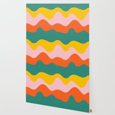 an abstract painting with wavy lines in pink, yellow and green colors on a white background