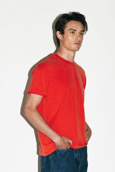 The perfect T-Shirt, handsomely tailored for an All-American 90s appeal. With slightly dropped shoulders, mid-bicep sleeve and a relaxed fit, this classic T drapes loosely over the body for an effortless ease. Not a typical, multi-pack T-shirt, the Eames is constructed from a super smooth, heavyweight supima cotton made to be worn alone or as a layer.Sunfaded red is a proprietary rinse made to look aged, tarnished and perfectly lived in. Red Relaxed Fit Tops For Everyday, Red Short Sleeve Top For Everyday, Red Crew Neck Top With Relaxed Fit, Red Relaxed Fit T-shirt, Red Relaxed Fit Crew Neck Top, Boxy Fit Crew Neck T-shirt For Fall, Red Relaxed Fit Crew Neck T-shirt, Classic Red Tops For Everyday, Classic Red Tops For Everyday Wear