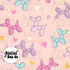 a pink and blue wallpaper with many different shaped balloons on it's side