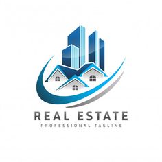 the real estate logo is shown in blue and gray colors, with two houses on each side