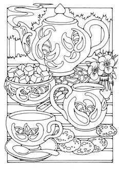 a coloring page with teapots and flowers