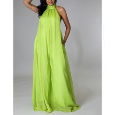 Fluorescent Green Halter Neck Backless Chiffon Wide Leg Jumpsuit Summer Jumpsuits For Women, Casual Playsuit, Club Jumpsuit, Long Overalls, Summer Jumpsuits, Long Pant Jumpsuit, Pants Jumpsuit, Backless Jumpsuit, Sleeveless Turtleneck