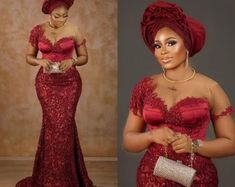 This stunning red lace gown is the perfect addition to any woman's wardrobe. This African fashion piece is crafted from luxurious lace and features a beautiful mermaid silhouette that will make you stand out from the crowd. The intricate lace detailing is sure to make you look regal and elegant, while the Aso ebi style brings a unique and modern twist to the classic red gown. Perfect for evening events, this African lace gown will make you feel like royalty as you enter the room. The red lace is sure to turn heads, and the intricate detail of the dress will make you feel like a million dollars. The delicate white lace contrasts with the deep red of the dress and makes this piece truly special. Whether you're attending a wedding, a formal event, or just want to spice up your wardrobe, this Nigerian Wedding Attire Guest, Formal Maxi Dress With Lace Work, Lace Gown For Banquet, Red Lace Maxi Dress For Prom, Red Lace Maxi Dress For Formal Occasions, Elegant Red Lace Dress For Prom, Banquet Gown With Lace Bodice, Red Evening Dress With Lace Bodice, Red Lace Evening Dress With Lace Bodice