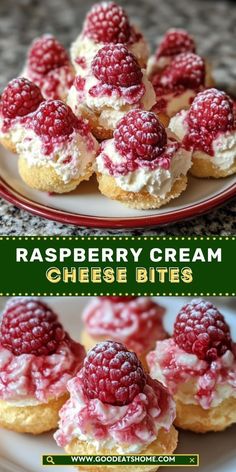 raspberry cream cheese bites on a plate with the words, raspberry cream cheese bites