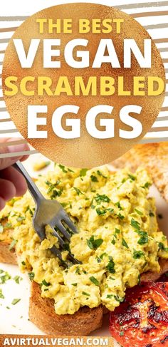 the best vegan scrambled eggs on toast with an egg spatula being held by a fork