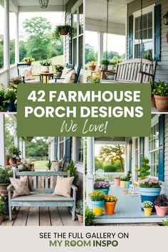 Explore 42 cozy farmhouse porch designs perfect for rustic charm. This pin features four images showcasing beautiful and inviting porch setups ideal for creating welcoming vibes. Farmhouse Porches Decorating, Farmhouse 3 Season Porch Ideas, Adding On A Porch To House, Decorating A Large Front Porch, Farmer Porch Ideas, Back Porch Designs Layout, Small Farmhouse Front Porch Ideas, Front Porch Dining Ideas, Mountain House Porch