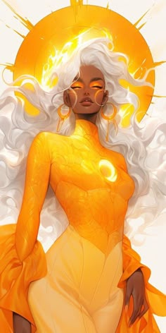 an illustration of a woman with white hair and yellow dress in front of a sun