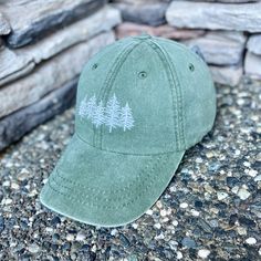 Forest Trees Design Embroidered, Green Distressed Baseball Caps, Summer Adventure Hats Personalized, Unique Father's Day Gifts for Him, Granola Girl Apparel, Women Hiking Outfit Accessories - CUSTOM TEXT available on the back of cap, above strap opening. - THREAD COLOR (optional): Choose a color for the design and custom wording on back & write into personalization box. Default: white or black thread for both, depending on cap color. - Custom wording on the back of cap will be embroidered accord Green Casual Fitted Hat With Short Brim, Casual Green Fitted Hat With Short Brim, Winter Hats With Curved Bill, One Size, Winter Hat With Curved Bill, One Size Fits Most, Outdoor Distressed Visor Hat, Spring Baseball Cap For Outdoor Activities, Distressed Baseball Cap For Outdoor, Distressed Green Cap Hat, Casual Green Baseball Cap For Winter