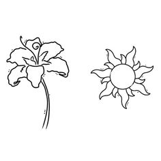 two flowers are shown with the sun in the middle and one flower is black and white