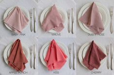 napkins and forks are arranged on the table for different types of place settings,