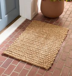 a potted plant sitting on the ground next to a door mat that has been placed in front of it