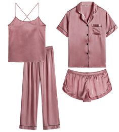 PRICES MAY VARY. 🌸Material: The 4 piece pajama set for women is made of high-quality satin(95% Polyester, 5% Spandex), color is bright and vivid, a shiny sort of satin texture, soft, skin-friendly, comfortable, smooth, flowy, lightweight, cooling and luxurious. Interchangeable Pj outfits. Great for all seasons. Warm and cooling. 🌸4 Pcs Silk Pjs Set: Satin pajamas women 4 piece set include an adjustable cross-back spaghetti strap camisole top, a button-down short sleeve sleep shirt, a pair of s Fancy Silk Pajamas, Silk Pajamas Pink, Cute Pajama Sets Winter, Silky Pajama Set, Amazon Pajama Sets, Silk Pajamas Outfit, Silk Pajamas Aesthetic, Satin Pajamas Aesthetic, Silk Pjs Set