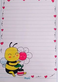 a notepad with a drawing of a bee holding a flower and heart shapes on it