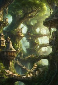 a fantasy forest with lots of trees and stairs leading to some houses in the woods