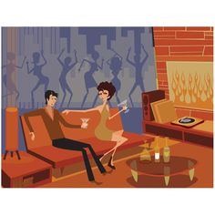 a man and woman sitting on a couch in front of a fire place with drinks