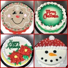 four different cakes decorated with frosting and christmas themed decorations, including a snowman