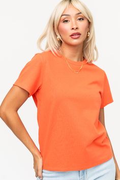 Dove Tee in Tangerine Clothing Holley Girl Basic Orange Crew Neck T-shirt, Trendy Short Sleeve Crew Neck Top In Solid Color, Trendy Short Sleeve Solid Color Crew Neck Top, Fitted Crew Neck Top In Solid Color, Trendy Fitted T-shirt, Orange Graphic Tee With Crew Neck, Stretch Cotton Orange T-shirt, Orange Stretch Cotton T-shirt, Fitted Orange Solid Color Top