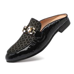 PRICES MAY VARY. ★ Comfortable & Exciting to Wear: Our men's backless loafers made from the highest quality artificial leather, supple and durable. Make a stylish style statement wearing the leather mules boasting a Striped Texture upper. Decorate a slim shape golden metal Chain on the classic leather mule loafers, which provides a perfect opportunity to show your personality. ★ Easy to Wear ON & OFF: this black Open-back loafers are designed for easy and fast putting on and taking off,gives you Mule Loafers, Backless Loafers, Buckle Fashion, Gold Chain Design, Buckles Fashion, Stripes Texture, Slip On Mules, Work Party, Loafer Mules