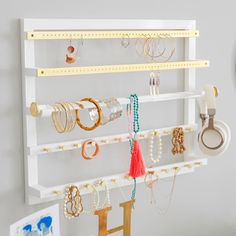 a wall mounted jewelry rack with rings, bracelets and other accessories hanging on it