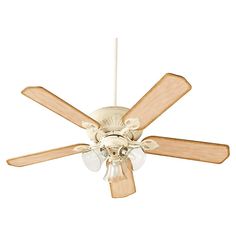 a white ceiling fan with wooden blades and two light bulbs on it's sides