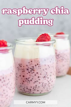 raspberry chia pudding in jars with berries on top